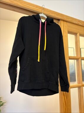 Pink Dolphin Black Hoodie with Gradient Pink to Yellow Drawstrings